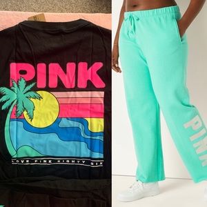 Victoria’s Secret PINK SET Teal Ice Heritage Sweatpants & Tropical Campus Tee